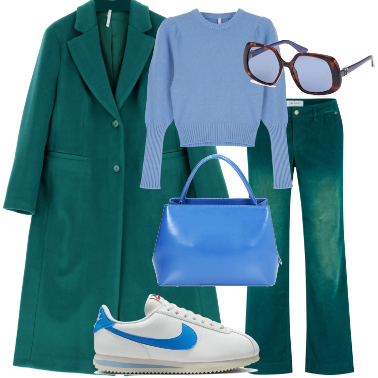 Outfit donna - Ever Green. Stile Glamour per Tutti i giorni. Abbinamento con pantaloni, pullovers, cappotti, borse a mano, sneakers, occhiali da sole.