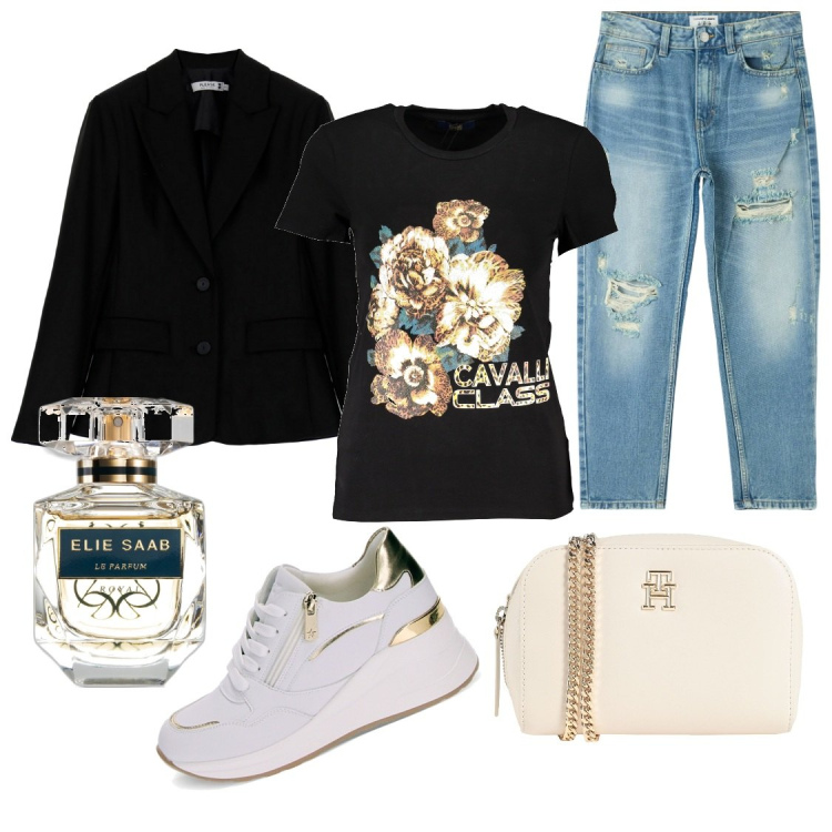 Outfit donna - Un jeans e un blazer. Stile Casual chic per Tutti i giorni. Abbinamento con borse a tracolla, profumi, jeans mom, cappotti, sneakers, t-shirt.