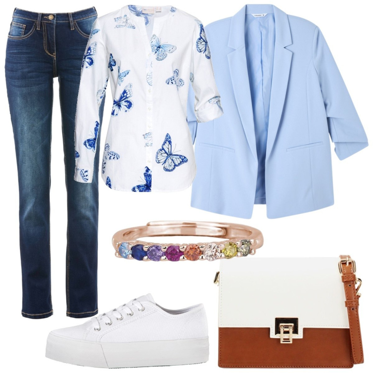 Outfit donna - La blusa con le farfalle. Stile Casual per Tutti i giorni. Abbinamento con jeans dritti, sneakers, camicie, blazer, anelli, borse a tracolla.