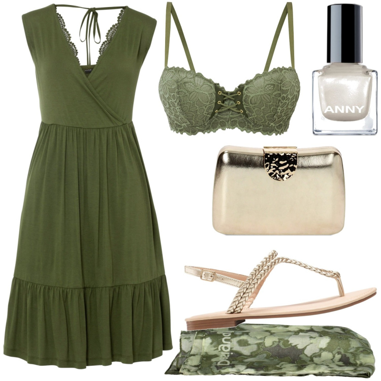 Outfit donna - Vestito verde oliva. Stile Casual per Tutti i giorni. Abbinamento con vestiti, ciabatte, reggiseni a balconcino, smalti, clutch, foulard.