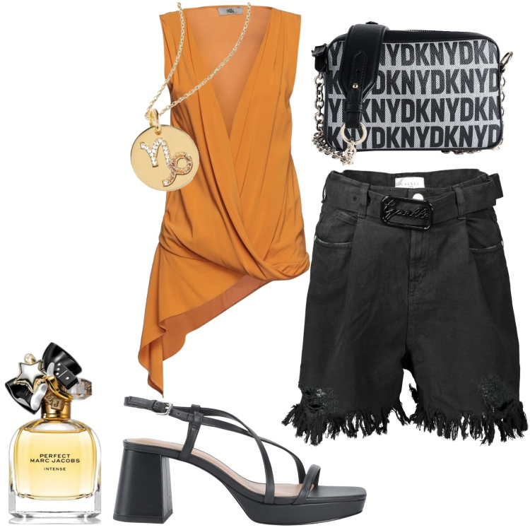 Outfit donna - Collana capricorno. Stile Casual per Tutti i giorni. Abbinamento con top, collane, borse a tracolla, sandali in pelle, profumi, pantaloni.