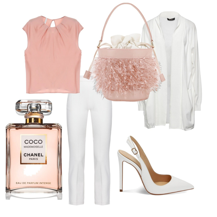 Outfit donna - Un\'uscita primaverile. Stile Bon Ton per Serata fuori. Abbinamento con cardigans, profumi, pantaloni, top, décolleté, borse a secchiello.