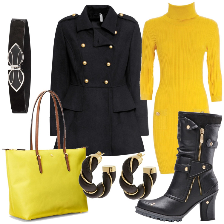 Outfit donna - Total look #1833934. Stile Glamour per Ufficio. Abbinamento con cinture, cappotti, stivali, orecchini, vestiti, borse tote.