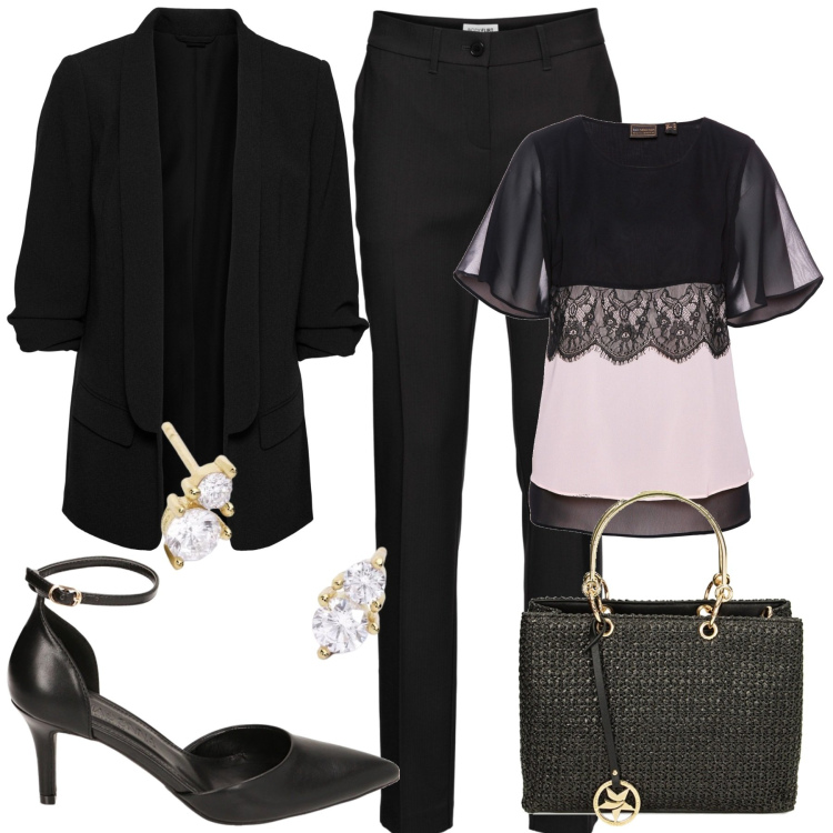 Outfit donna - Cerimonia a marzo. Stile Chic per Cerimonia. Abbinamento con pantaloni, blazer, tuniche, orecchini, borse a mano, décolleté.