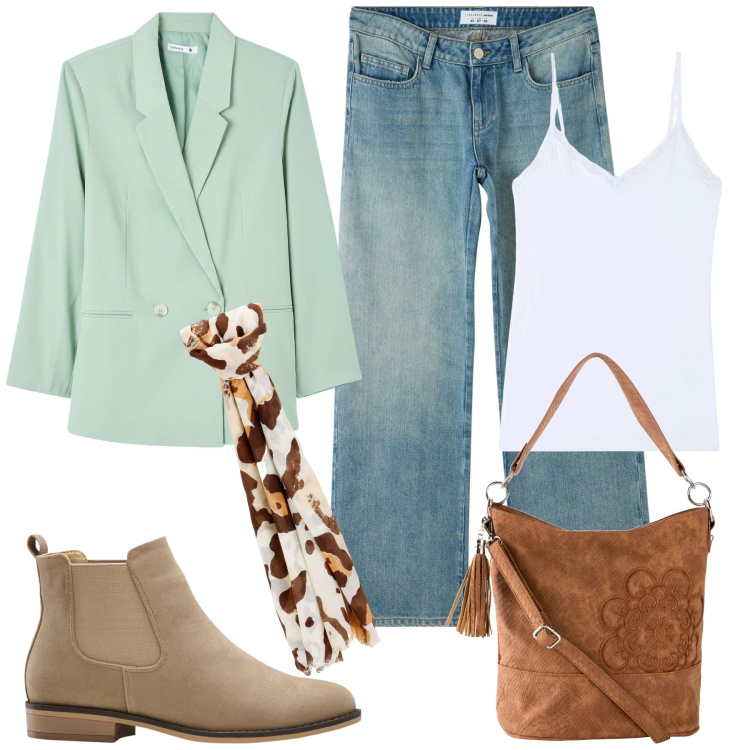 Outfit donna - Casual per il giorno. Stile Casual per Tutti i giorni. Abbinamento con borse a mano, stivaletti chelsea, jeans, blazer, canottiere, foulard.