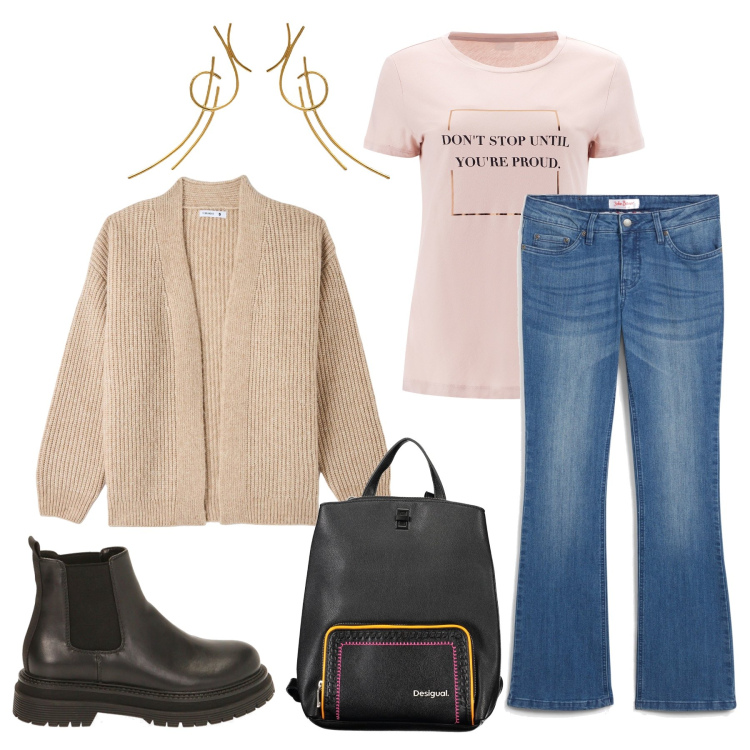 Outfit donna - Una giornata qualunque. Stile Basic Abbinamento con jeans slim fit, cardigans, t-shirt, stivaletti chelsea, zaini, orecchini.
