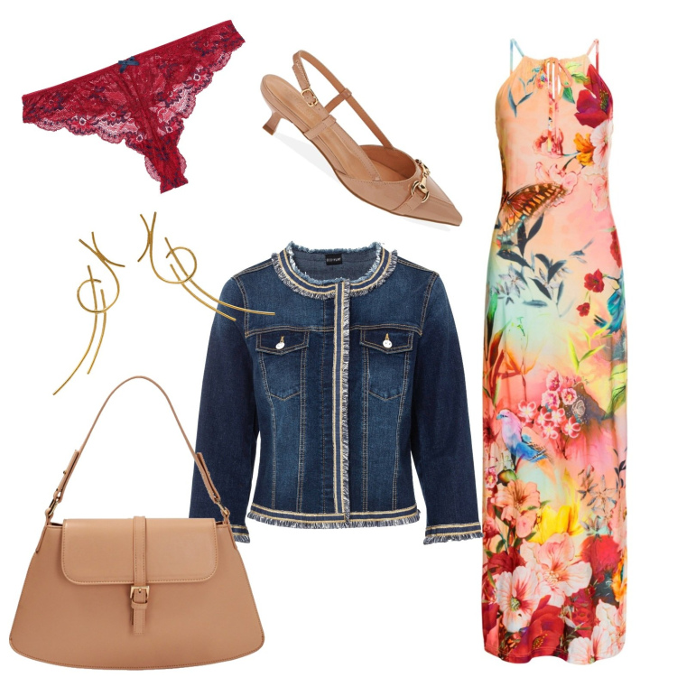Outfit donna - Aperitivo romantico. Stile Glamour per Serata fuori. Abbinamento con blazer, vestiti lunghi, perizomi, borse a spalla, décolleté, orecchini.