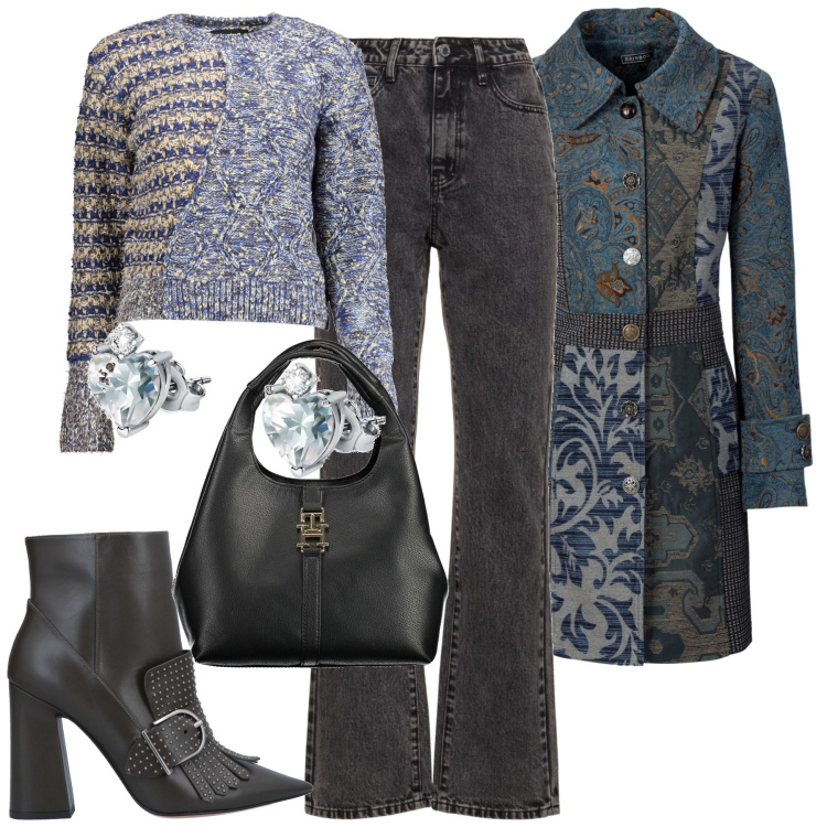 Outfit donna - I jeans grigi. Stile Glamour per Tutti i giorni. Abbinamento con cappotti, stivaletti, orecchini, jeans dritti, maglieria, borse a tracolla.