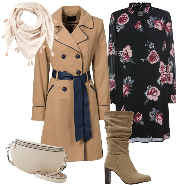 Outfit donna - Look primaverile. Stile Casual chic per Tutti i giorni. Abbinamento con trench, vestiti, stivali, marsupi, foulard.