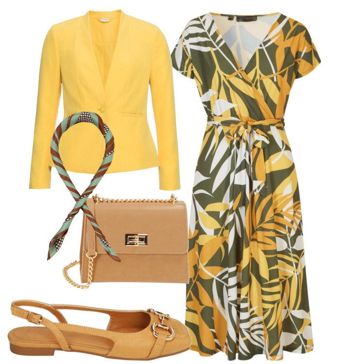 Outfit donna - City. Stile Chic per Tutti i giorni. Abbinamento con blazer, vestiti, foulard, ballerine, borse a tracolla.