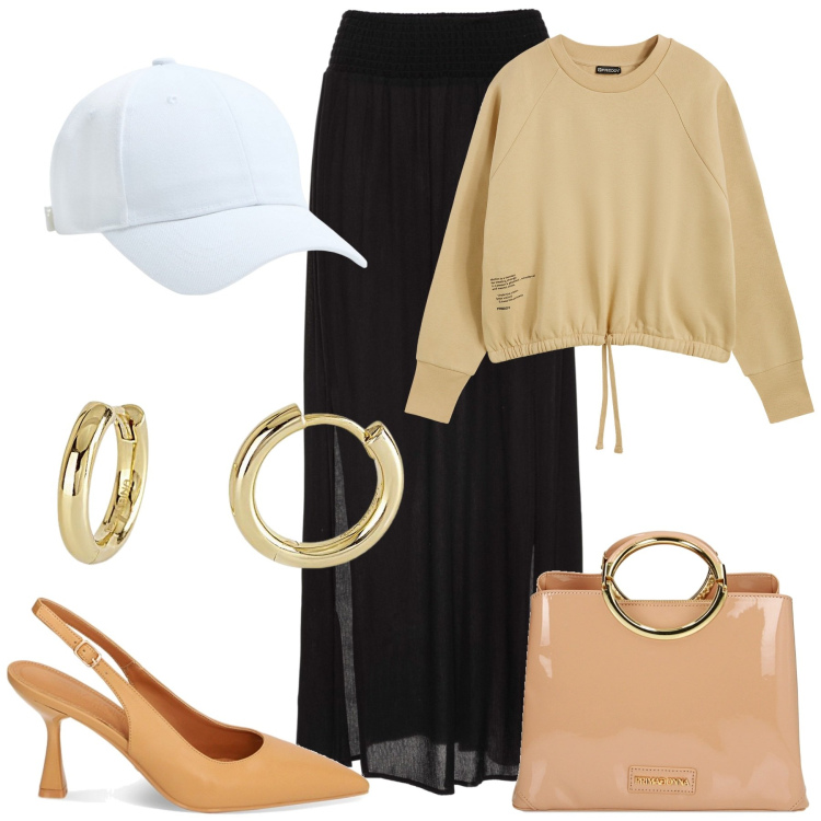 Outfit donna - Felpa e gonna. Stile Trendy per Tutti i giorni. Abbinamento con gonne lunghe, cappelli, orecchini, felpe, borse a mano, décolleté.