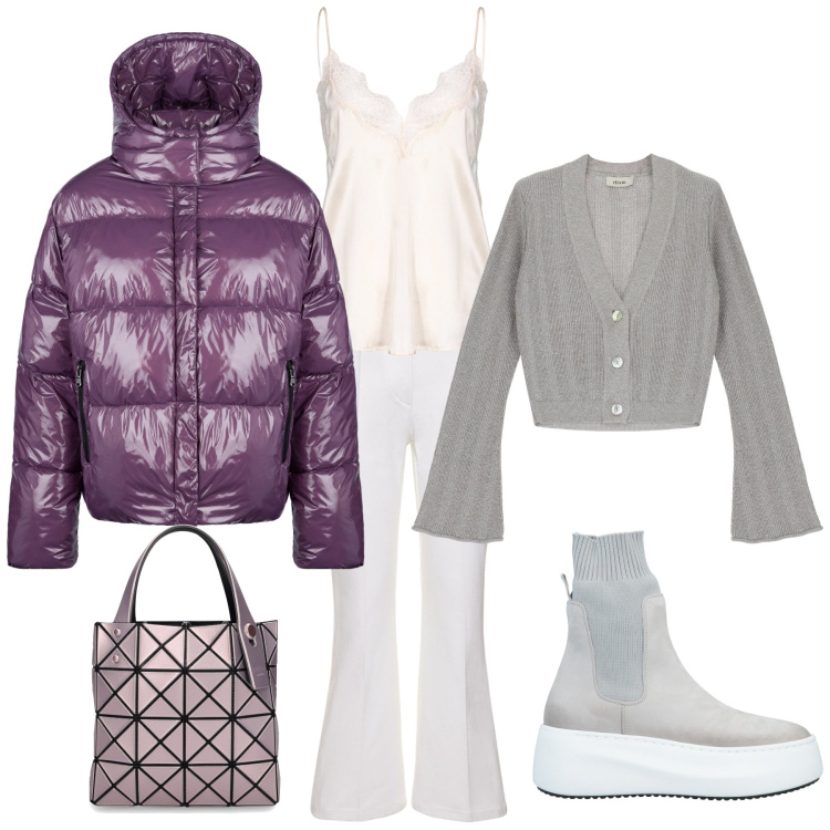 Outfit donna - Sporty chic per il week end. Stile Sporty chic per Tutti i giorni. Abbinamento con stivaletti, top, cardigans, blazer, jeans, borse a mano.