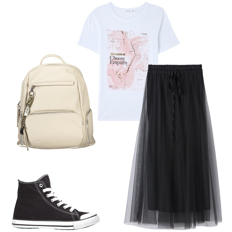 Outfit donna - Gonna e sneaker. Stile Basic per Tutti i giorni. Abbinamento con sneakers alte, gonne lunghe, t-shirt, zaini.