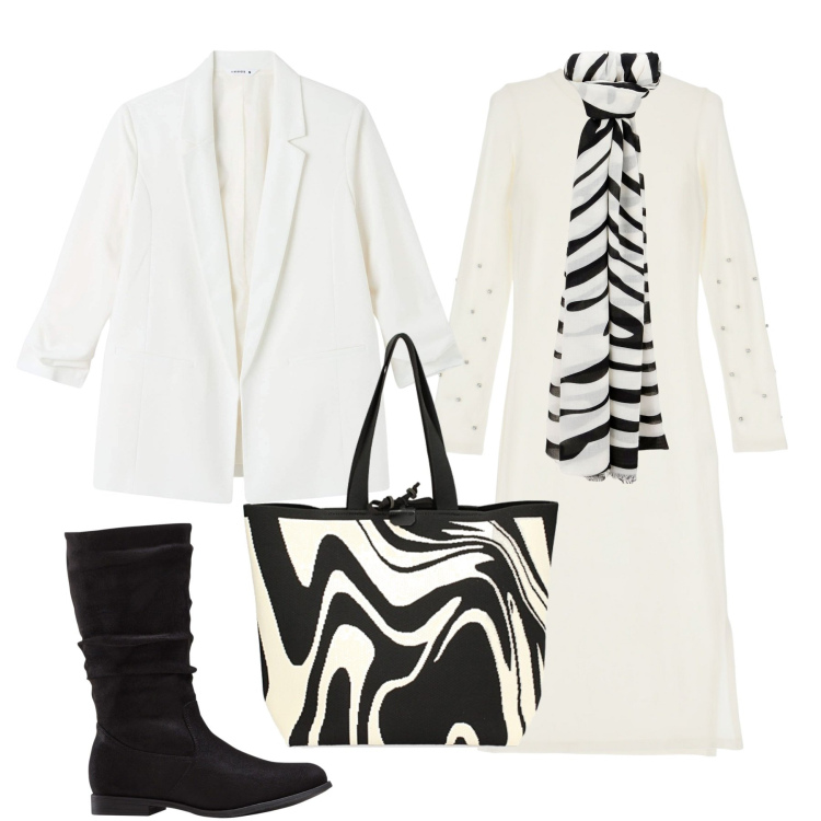 Outfit donna - Onda su onda. Stile Urban per Tutti i giorni. Abbinamento con stivali, foulard, blazer, borse a spalla, vestiti midi/longuette.