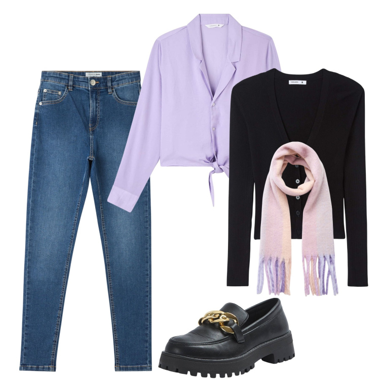 Outfit donna - Terranova ss24. Stile Bon Ton per Tutti i giorni. Abbinamento con camicie, jeans skinny, cardigans, mocassini, sciarpe.