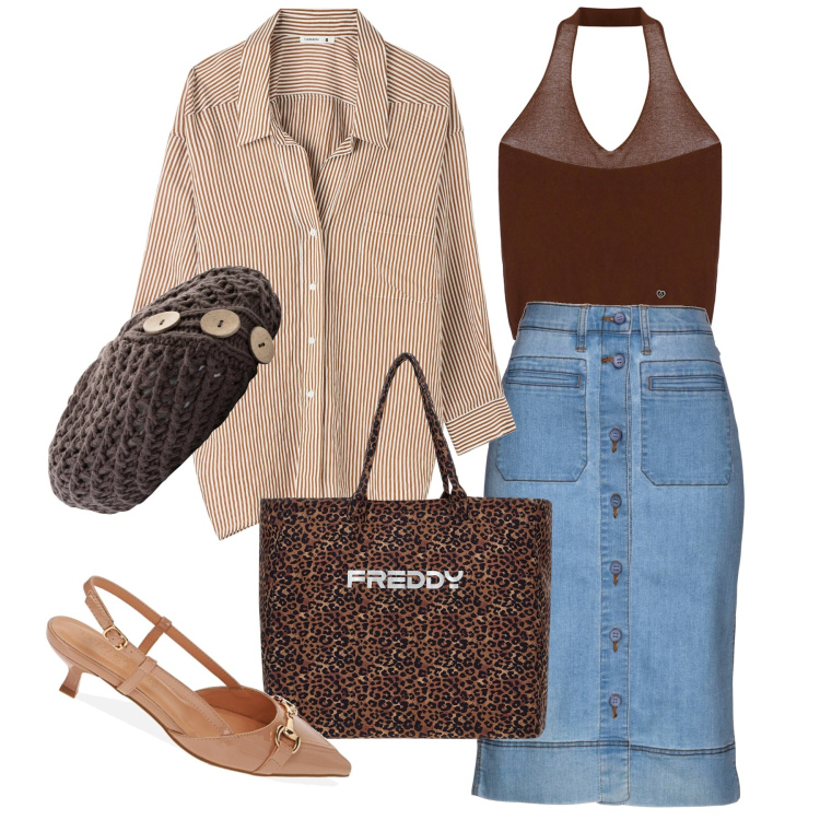 Outfit donna - Bantoa ss24. Stile Urban per Tutti i giorni. Abbinamento con gonne, berretti, camicie, maglieria, borse tote, décolleté.