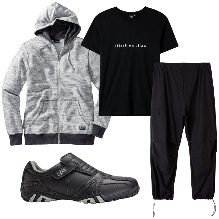 Outfit uomo - Total look #1834052. Stile Casual per Tutti i giorni. Abbinamento con scarpe stringate, felpe con cappuccio, pantaloni cargo, t-shirt.