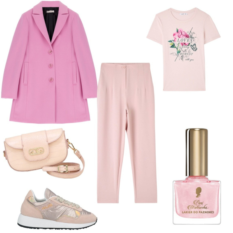 Outfit donna - Primavera in rosa. Stile Casual chic per Ufficio. Abbinamento con sneakers, smalti, pantaloni chino, t-shirt, cappotti, pochette.