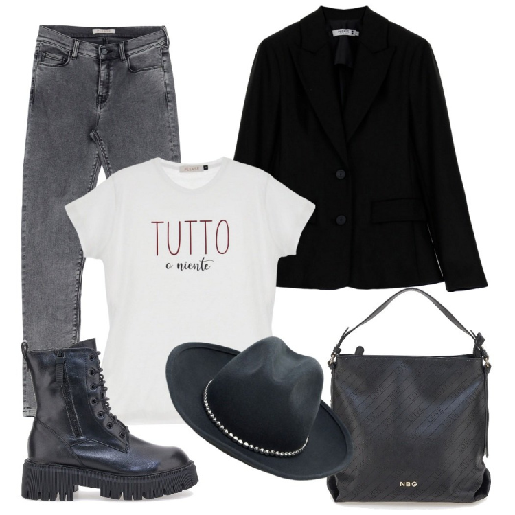 Outfit donna - Tutto o niente. Stile Casual per Tutti i giorni. Abbinamento con t-shirt, jeans slim fit, cappotti, cappelli, borse a spalla, anfibi.