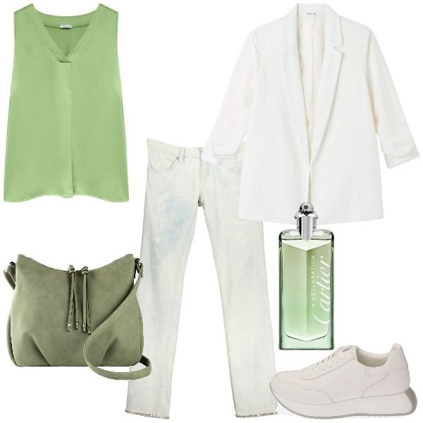 Outfit donna - Mo mint. Stile Casual chic per Tutti i giorni. Abbinamento con borse a tracolla, profumi, blazer, sneakers, jeans, top.