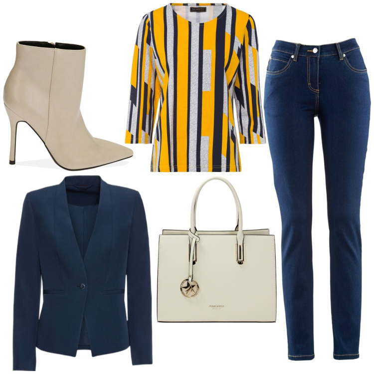 Outfit donna - Borsa Primadonna. Stile Casual per Tutti i giorni. Abbinamento con blazer, jeans dritti, maglieria, borse a mano, stivaletti.