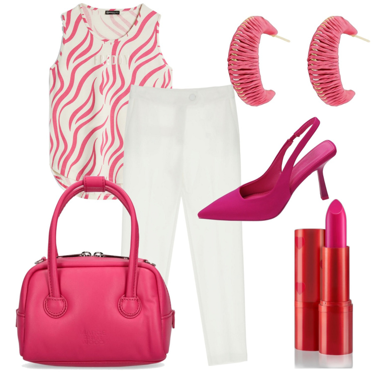 Outfit donna - Accendiamo la primavera. Stile Glamour per Ufficio. Abbinamento con orecchini, rossetti, pantaloni, canottiere, décolleté, borse a mano.