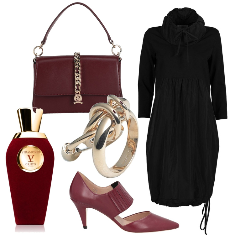 Outfit donna - Accessori bordeaux. Stile Glamour per Ufficio. Abbinamento con borse a mano, décolleté, anelli, profumi, vestiti.