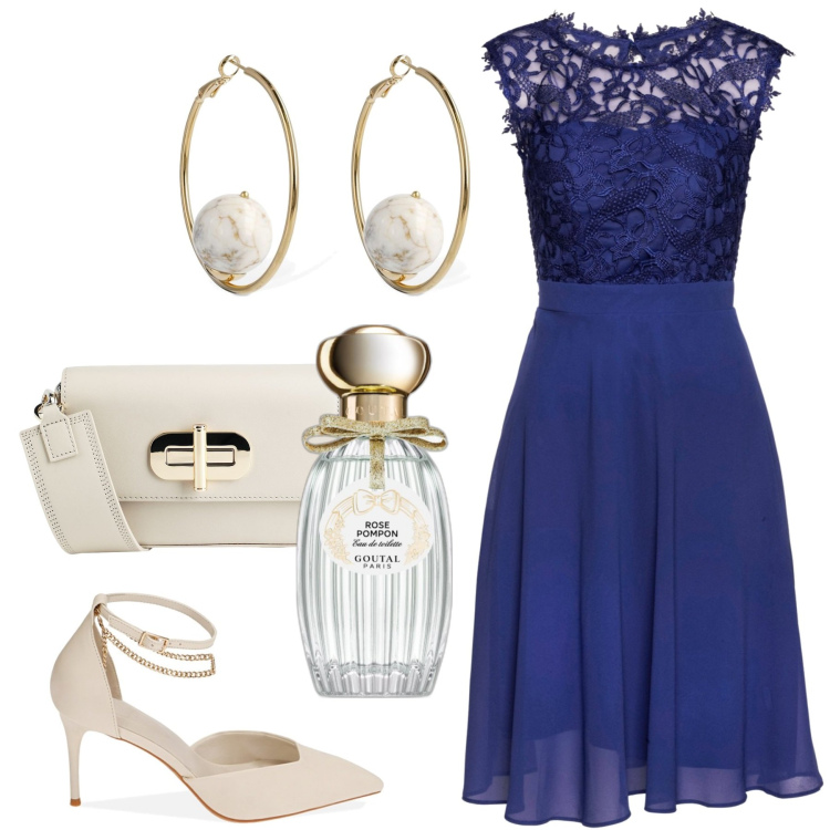 Outfit donna - Quando indossi il bluette. Stile Chic per Cerimonia. Abbinamento con vestiti corti, borse a spalla, profumi, décolleté, orecchini.