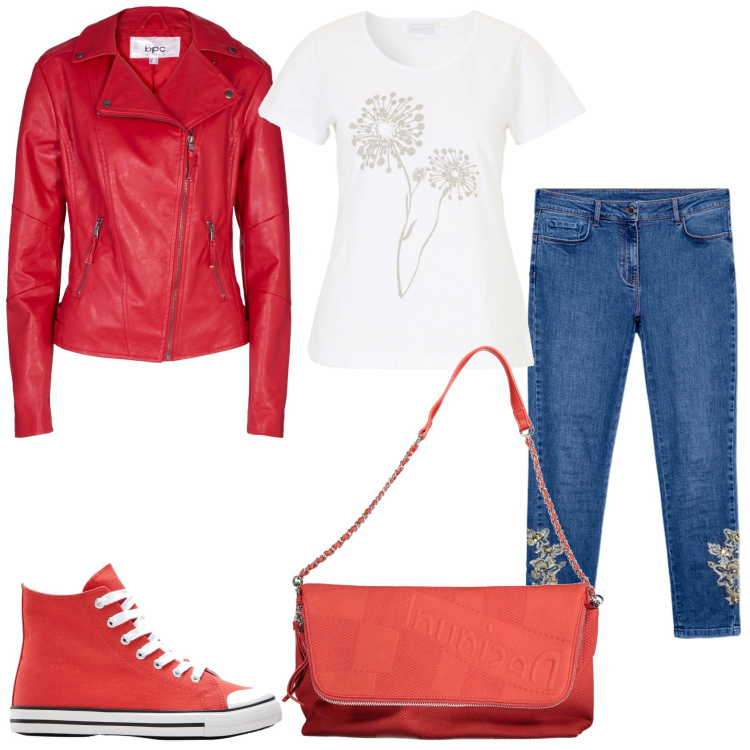 Outfit donna - Jeans e giubbotto. Stile Trendy per Tutti i giorni. Abbinamento con t-shirt, blazer, sneakers alte, jeans skinny, borse a mano.
