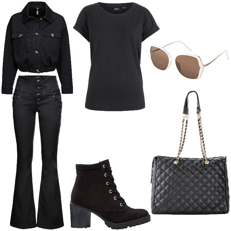 Outfit donna - Outfit total black, total Bonprix!. Stile Sporty chic per Tutti i giorni. Abbinamento con t-shirt, shopping bag, stivaletti, blazer, pantaloni, occhiali da sole.