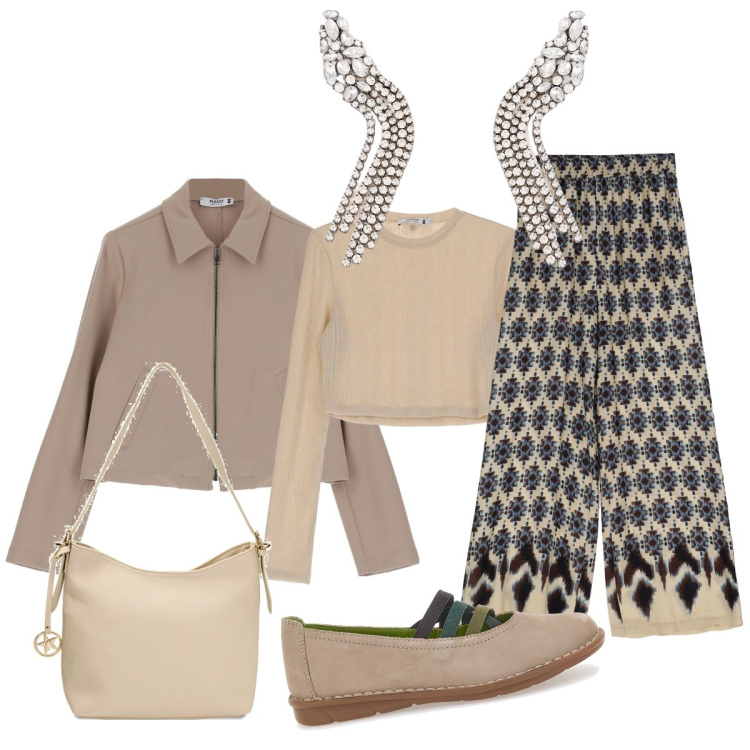 Outfit donna - La mia scelta per la primavera. Stile Minimal per Ufficio. Abbinamento con pantaloni a palazzo, top, blazer, borse a spalla, orecchini, ballerine.
