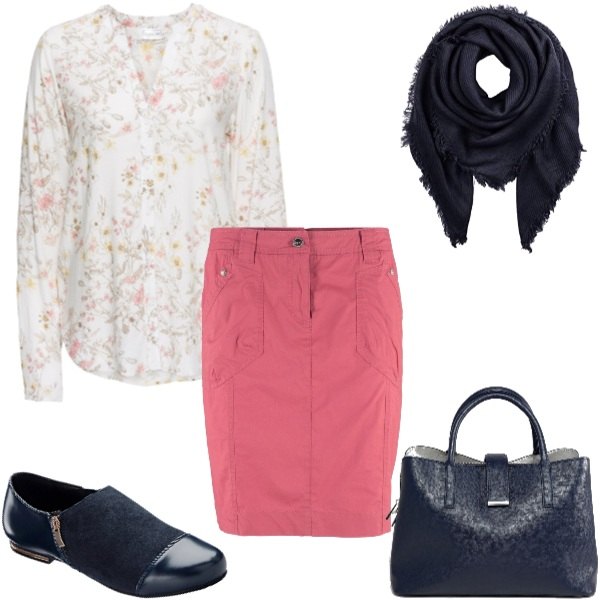 Outfit donna - Rosa e blu. Stile Basic per Ufficio. Abbinamento con camicie, scarpe stringate con zip blu, gonna cargo taglio dritto con zip, vestito petite maxi con zip in denim con scomparti, sciarpa.