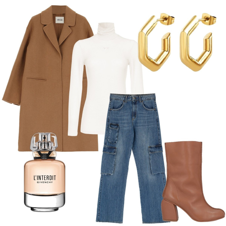 Outfit donna - Total look #1834173. Stile Casual per Serata fuori. Abbinamento con stivaletti, orecchini, profumi, maglieria, jeans, cappotti.
