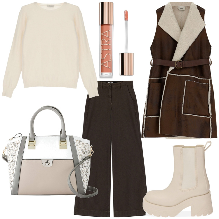 Outfit donna - Dixie trendy. Stile Trendy per Tutti i giorni. Abbinamento con borse a mano, gloss, stivaletti chelsea, blazer, pantaloni a palazzo, pullovers.
