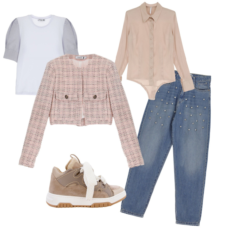 Outfit donna - Denim easy chic. Stile Casual chic per Tutti i giorni. Abbinamento con blazer, jeans, t-shirt, body, sneakers alte.