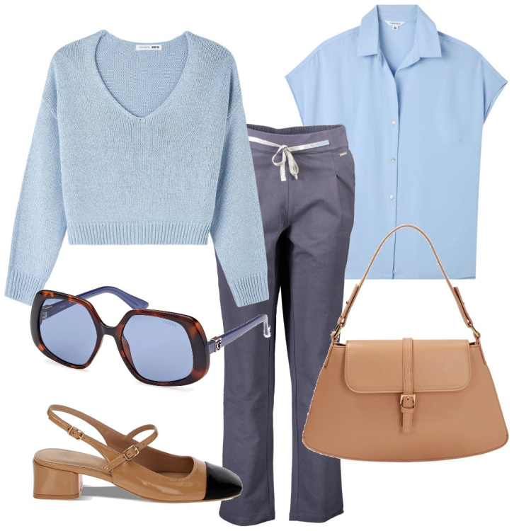 Outfit donna - Azzurro cielo. Stile Bon Ton per Tutti i giorni. Abbinamento con camicie, maglieria, décolleté, borse a spalla, pantaloni, occhiali da sole.