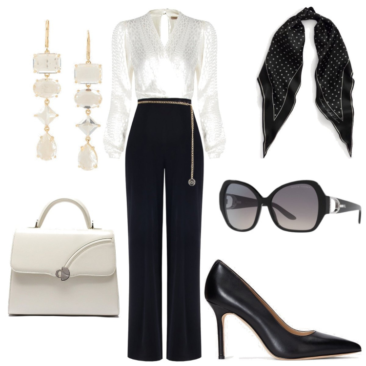 Outfit donna - Total look #1834191. Stile Glamour per Cerimonia. Abbinamento con tute, occhiali da sole, décolleté, foulard, orecchini, borse a mano.