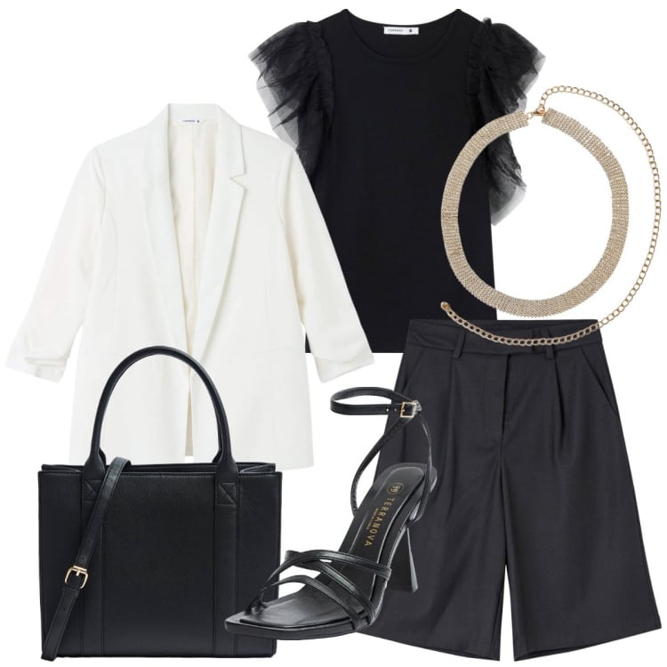 Outfit donna - Bermuda per la sera. Stile Glamour per Serata fuori. Abbinamento con t-shirt, bermuda, blazer, collane, sandali col tacco, shopping bag.