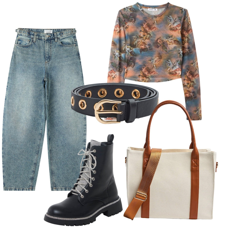 Outfit donna - Vintage con Terranova. Stile Vintage retrò per Tutti i giorni. Abbinamento con jeans, t-shirt, shopping bag, cinture, anfibi.