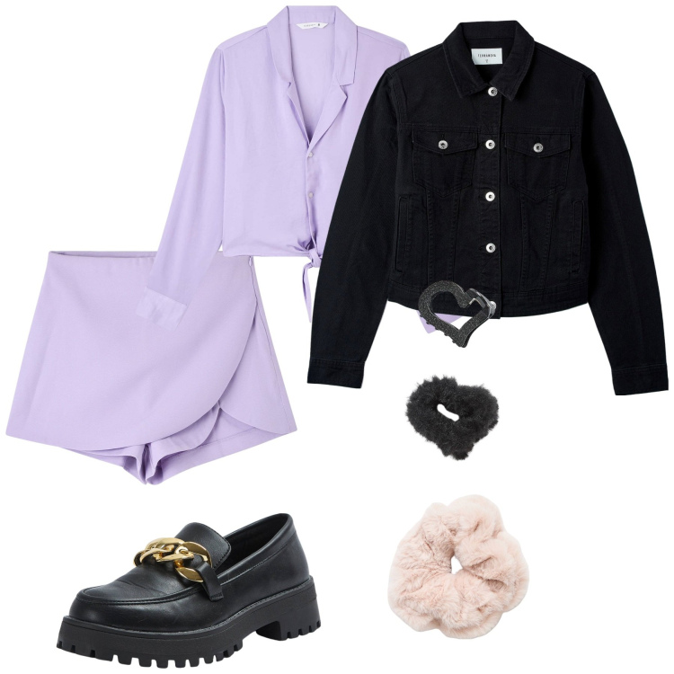 Outfit donna - Viola glamour. Stile Glamour per Tutti i giorni. Abbinamento con camicie, blazer, gonne, accessori per capelli, mocassini.