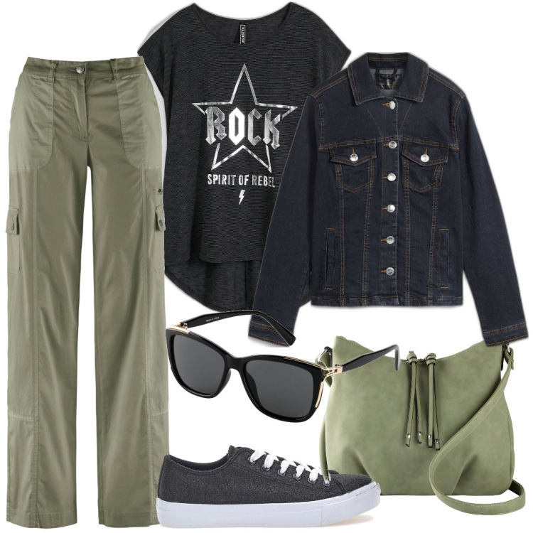 Outfit donna - Must have: pantaloni cargo. Stile Casual per Tutti i giorni. Abbinamento con pantaloni cargo, occhiali da sole, t-shirt, borse a tracolla, blazer, sneakers.