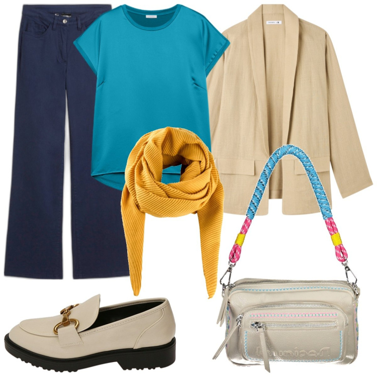 Outfit donna - Il sole e il turchese. Stile Casual per Tutti i giorni. Abbinamento con foulard, pantaloni, blazer, mocassini, bluse, borse a spalla.