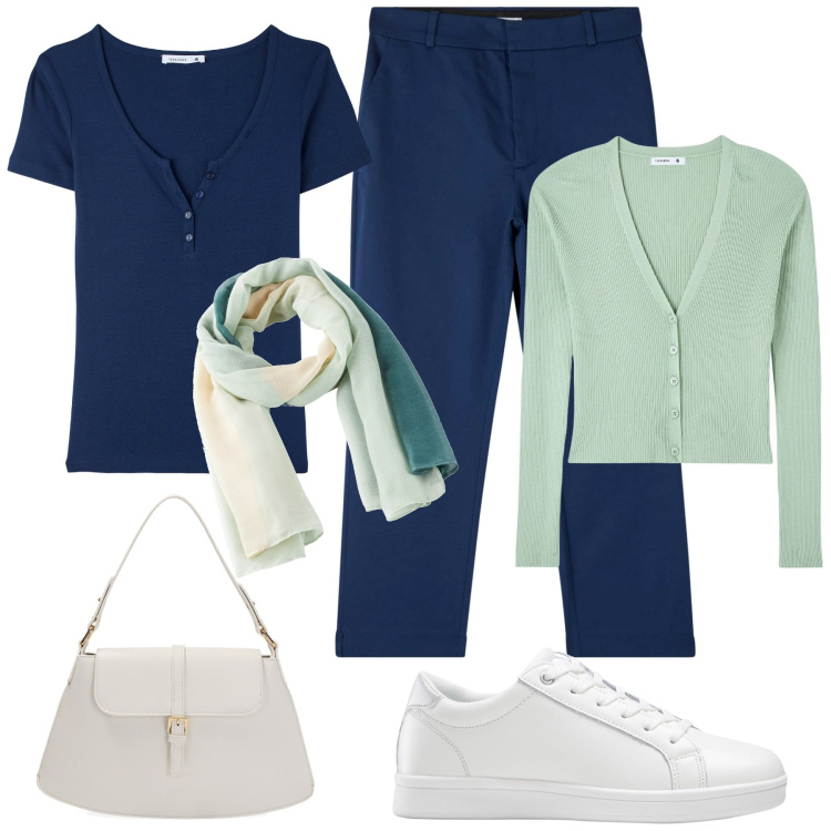 Outfit donna - Semplicità. Stile Casual per Tutti i giorni. Abbinamento con sneakers, sciarpe, pantaloni chino, cardigans, t-shirt, borse a spalla.