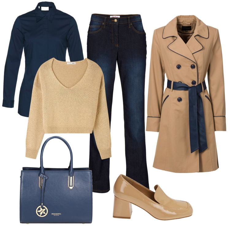 Outfit donna - Il trench cammello & blu. Stile Sporty chic per Tutti i giorni. Abbinamento con trench, camicie, jeans dritti, maglieria, mocassini, borse a mano.