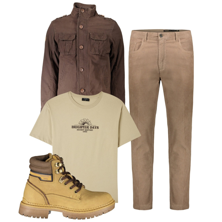 Outfit uomo - Total look. Stile Casual per Tutti i giorni. Abbinamento con t-shirt, pantaloni, giacche, stivali.