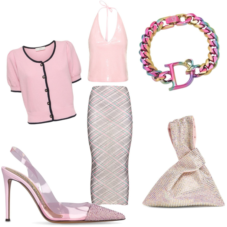 Outfit donna - Come un bon bon. Stile Casual chic per Cerimonia. Abbinamento con top, gonne longuette, décolleté, braccialetti, borse a mano, cardigans.