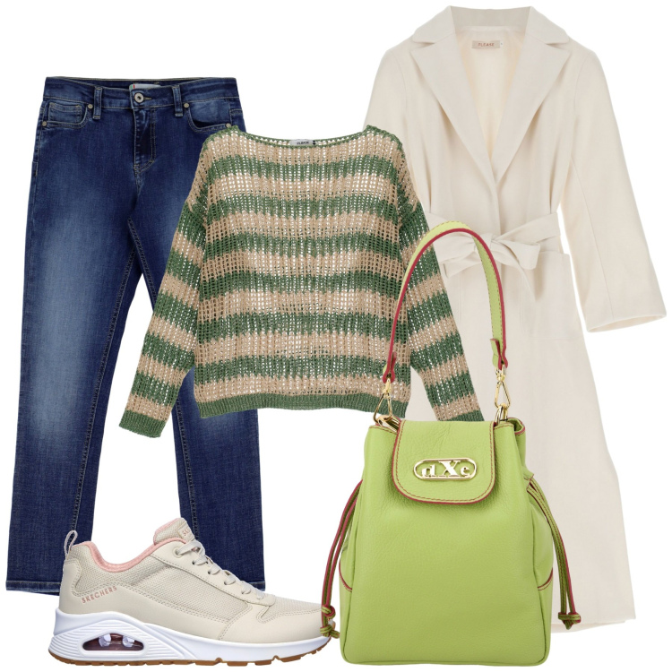 Outfit donna - Total look #1834237. Stile Casual per Tutti i giorni. Abbinamento con pullovers, cappotti, jeans skinny, borse a secchiello, sneakers.