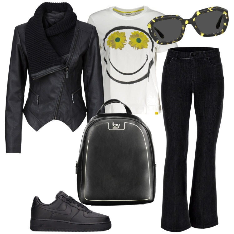 Outfit donna - Primavera 24. Stile Casual per Scuola/Università. Abbinamento con blazer, jeans skinny, sneakers, t-shirt, zaini, occhiali da sole.