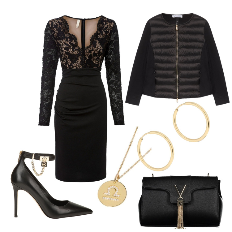 Outfit donna - Serata taglia over. Stile Chic per Serata fuori. Abbinamento con vestiti, décolleté, collane, piumini, borse a tracolla, orecchini.