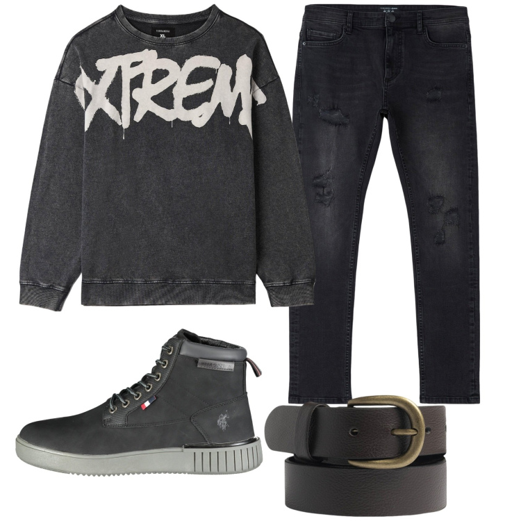 Outfit uomo - Total look #1834256. Stile Casual per Tutti i giorni. Abbinamento con jeans strappati, felpe, cinture, stivali.